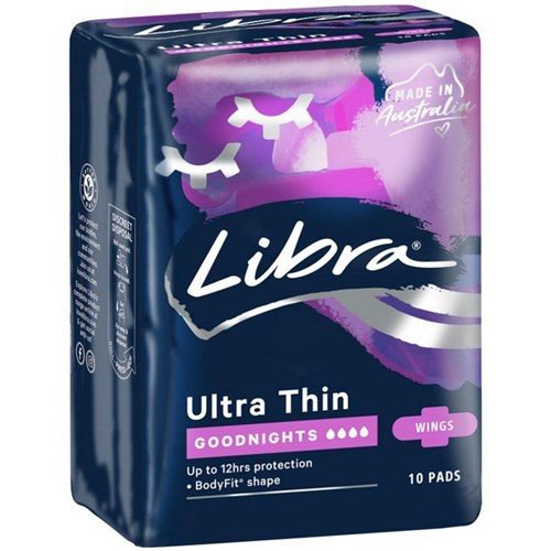 Libra Ultra Thin Goodnights with Wings Sanitary Pads, Carton of 6 Packs of 10