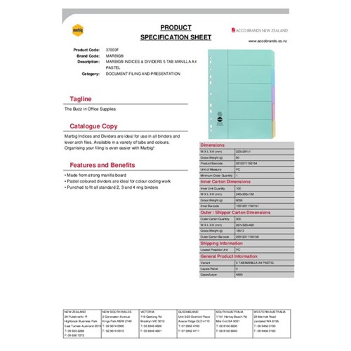 Marbig Index Dividers 5 Tab A4 Cardboard Assorted Pastel Colours