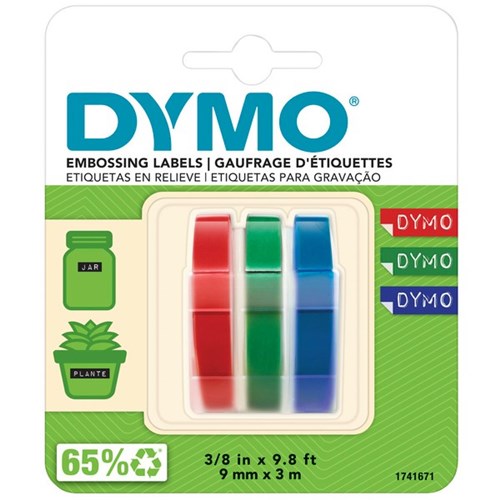 Dymo Embossing Tape 9mm x 3m Assorted Colours, Pack of 3
