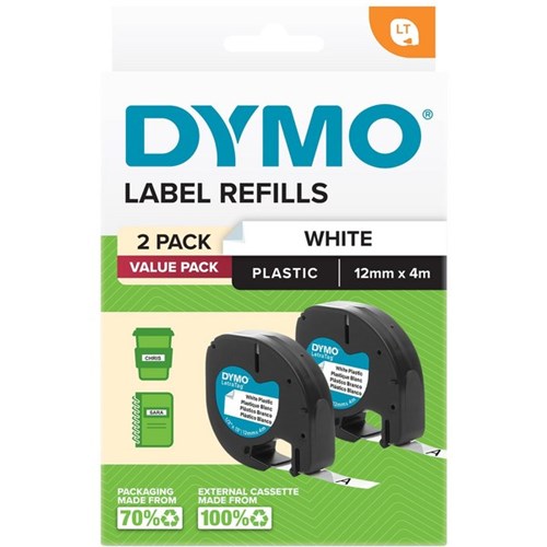 Dymo LetraTag Plastic Refills 12mmx4m White, Pack of 2