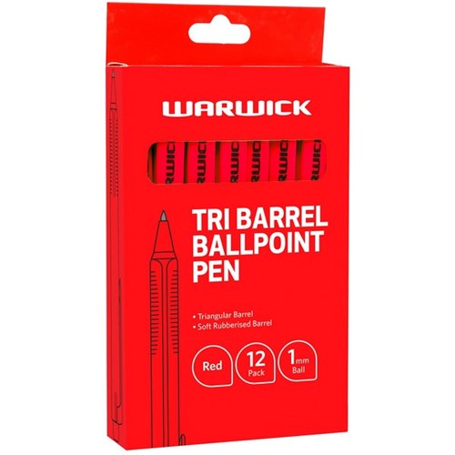 Warwick Red Tri Barrel Ballpoint Pen 1.0mm Medium Tip, Box of 12