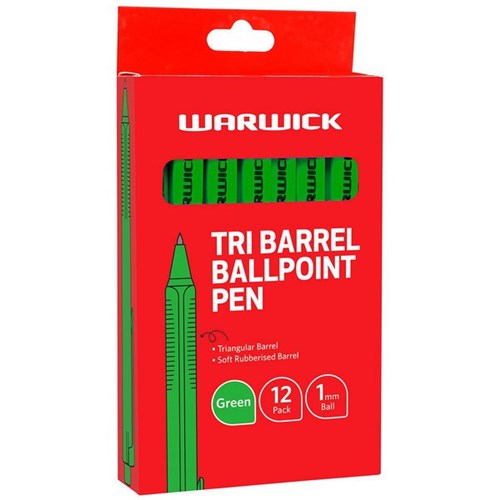 Warwick Green Tri Barrel Ballpoint Pen 1.0mm Medium Tip, Box of 12