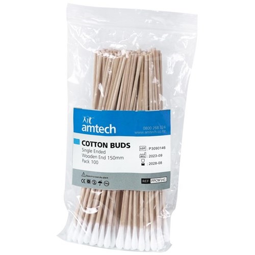 Amtech Single Ended Cotton Buds Wooden Stem 150mm, Pack 100