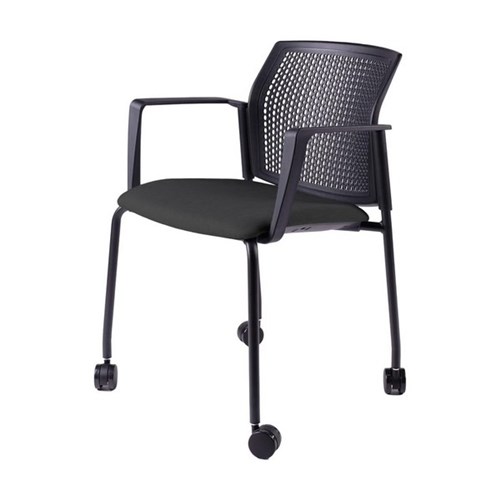 Zest Visitors Chair 4 Leg Shell Castors Fabric Seat Pad with Square Arms Black