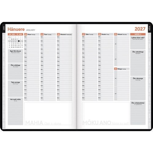 Tuhi B53 Premium Bilingual Diary Week To View Māhere A Wiki 2027 Black/Gold