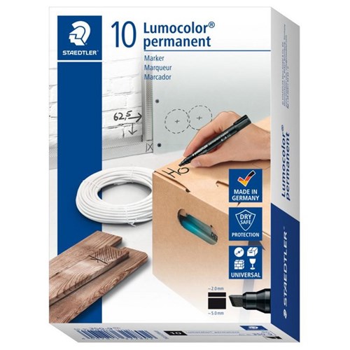 Staedtler Lumocolor 350 Black Permanent Marker Chisel Tip, Pack of 10