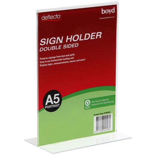 Deflecto T Shaped Sign Holder A5 Portrait Clear 80% Recycled