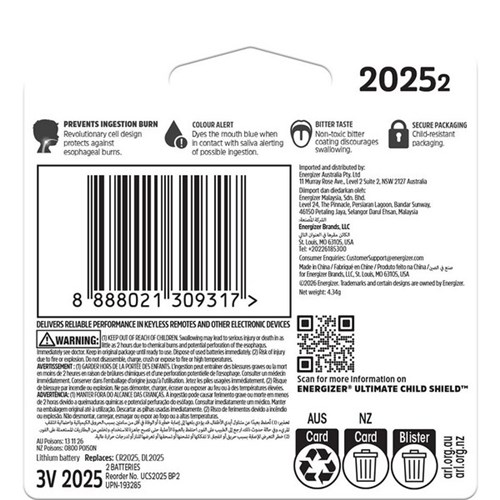 Energizer CR2025 3V Ultimate Lithium Battery, Pack of 2