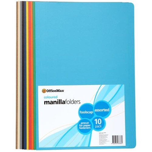 OfficeMax Manilla Folders Foolscap Assorted Colours, Pack of 10
