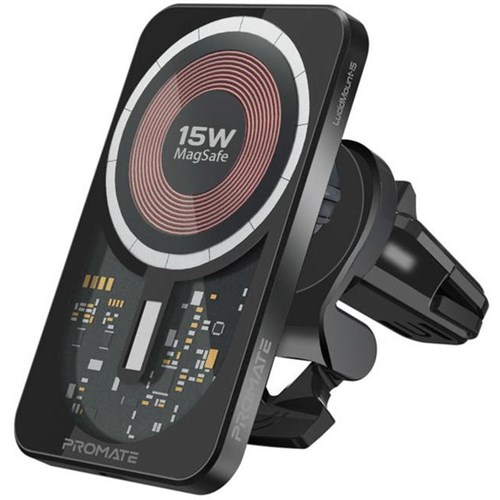 Promate 15W MagSafe Transparent In-Car Wireless Qi Phone Charger Black