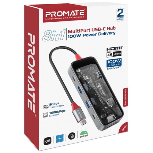 Promate 8-in-1 USB Multi-Port Hub With USB-C Connector Grey/Clear