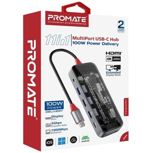 Promate 11-in-1 USB Multi-Port Hub With USB-C Connector Grey/Clear