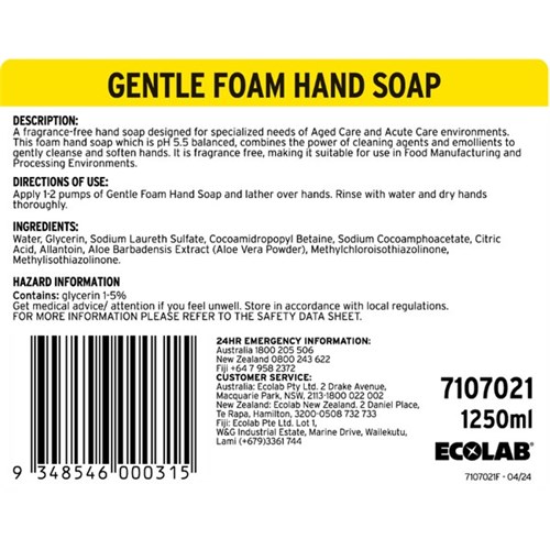 Ecolab Gentle Foam Hand Soap 1250ml