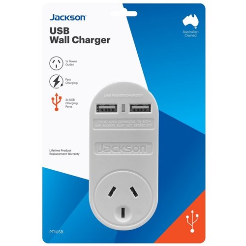 Jackson Single Plug Wall Charger with 1 Power Outlet and 2 USB-A Charging Ports