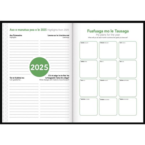 Tuhi B51 Bilingual Diary Day Per Page O Aso Ma Ona Fuafuaga 2026 Green