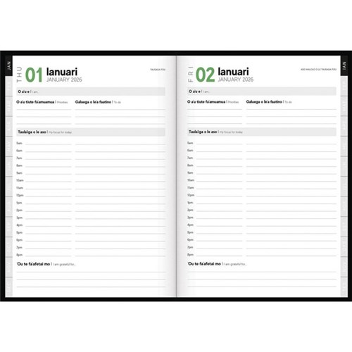 Tuhi B51 Bilingual Diary Day Per Page O Aso Ma Ona Fuafuaga 2026 Green