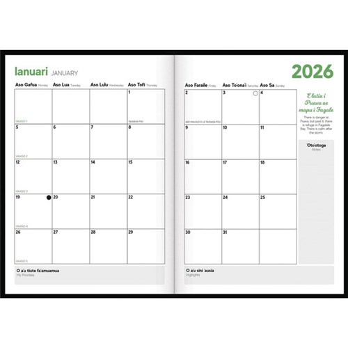 Tuhi A51 Bilingual Diary Day Per Page O Aso Ma Ona Fuafuaga 2026 Black