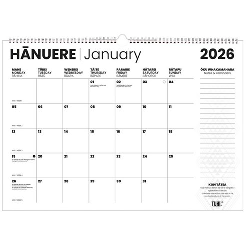 Tuhi Wall Calendar Month To View A2 2026 Bilingual English/Maori