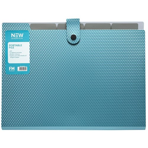 FM New Gen A4 Expanding Portable File 5 Pocket Ocean Blue