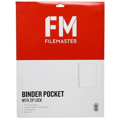 FM Vivid A4 Binder Pocket with Zipper Lock Pack 4 Assorted Colours