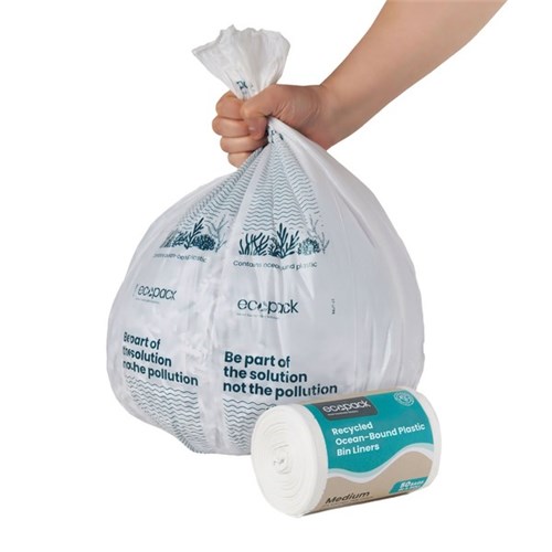 Ecopack Recycled Ocean-Bound Plastic Kitchen Tidy Bin Liners Medium 27L, Roll of 50