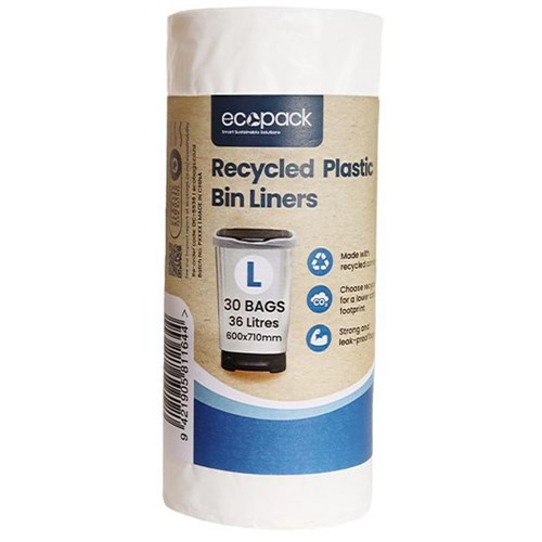 Ecopack Recycled Ocean-Bound Plastic Bin Liners Large 36L White, Roll of 30