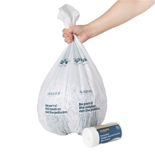 Ecopack Recycled Ocean-Bound Plastic Bin Liners Large 36L White, Roll of 30