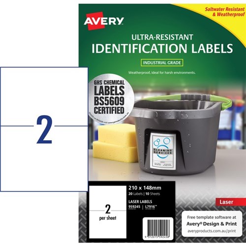 Avery Ultra Resistant ID Laser Labels L7916 White, Pack of 10 Sheets 