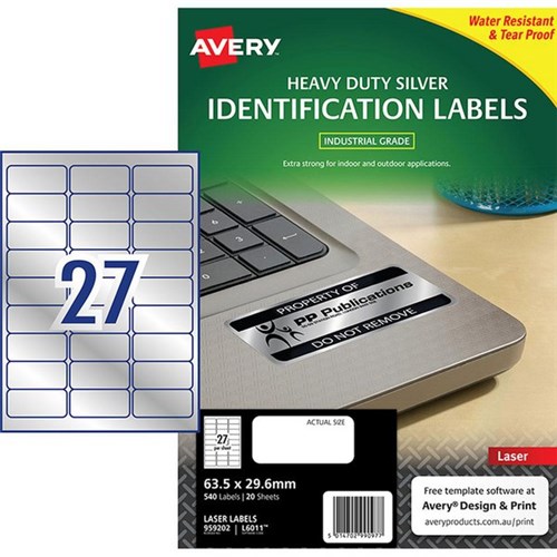 Avery Heavy Duty ID Laser Labels L6011 Silver, Pack of 20 Sheets