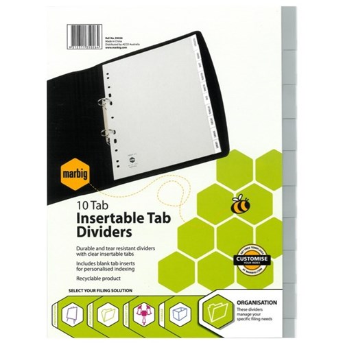 Marbig Index Dividers 10 Tab Insertable A4 Polypropylene Grey