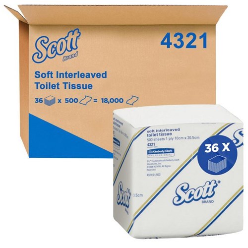 Scott 4321 Toilet Tissue Interleaved 1 Ply, Carton of 36 Rolls