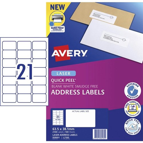 Avery Quick Peel Address Laser Labels L7160 White 21 Per Sheet 100 Sheets