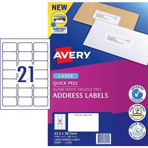 Avery Quick Peel Address Laser Labels L7160 White 21 Per Sheet 100 Sheets