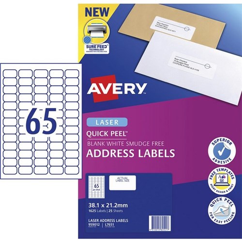 Avery Quick Peel Address Laser Labels L7651 White 65 Per Sheet