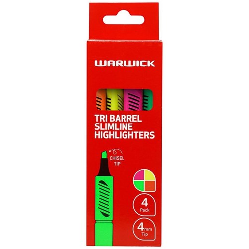 Warwick Tri Barrel Slimline Highlighters Assorted Colours, Pack of 4