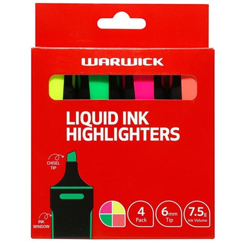 Warwick Liquid Ink Stubby Highlighters Assorted Colours, Pack of 4