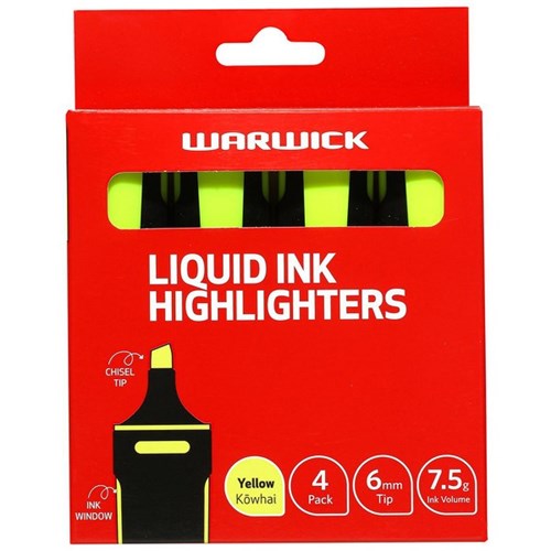 Warwick Liquid Ink Stubby Highlighters Yellow, Pack of 4