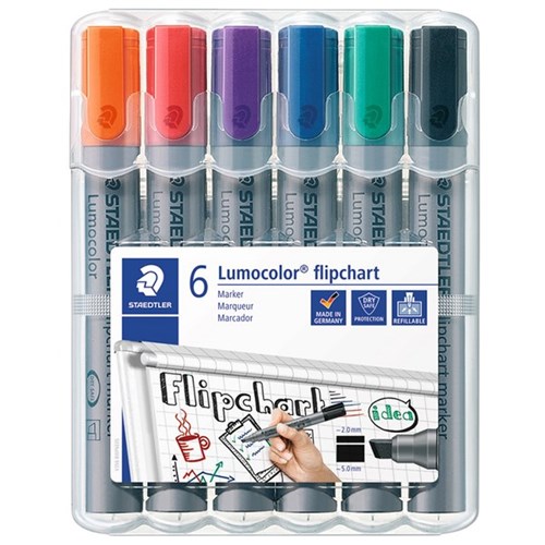 Staedtler Lumocolor 356 B Assorted Colours Flipchart Markers Chisel Tip, Pack of 6