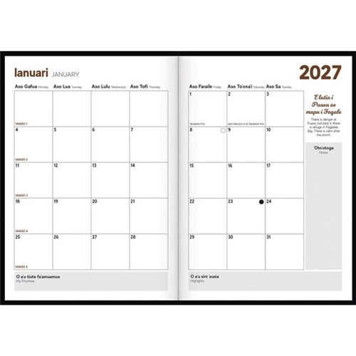 Tusi B51 Bilingual Fuafuaga Diary Day Per Page 2027