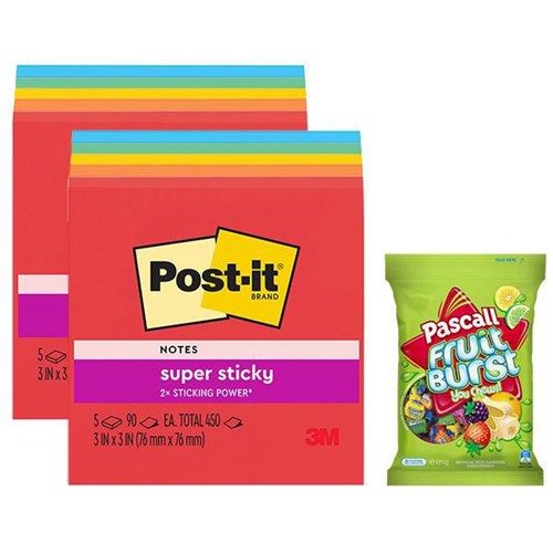 Post-it® Notes 654 Super Sticky 76x76mm Primaries, 2 Packs of 5