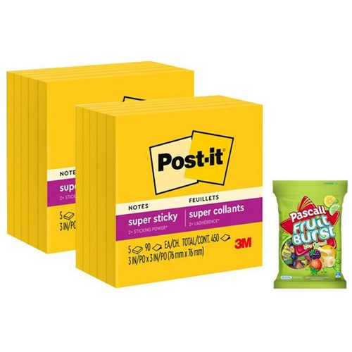 Post-it® Notes 654-5SSY Super Sticky 76x76mm Yellow, 2 Packs of 5
