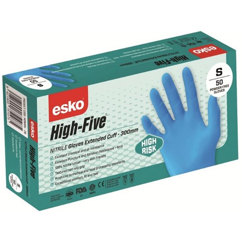 Esko High Five High Risk Nitrile Gloves Blue Small, Carton of 10 Packs of 50