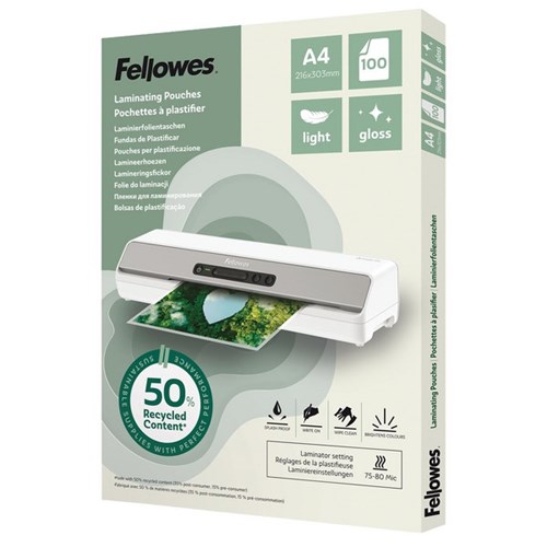 Fellowes A4 Laminating Pouches Gloss 80 Micron, Pack of 100