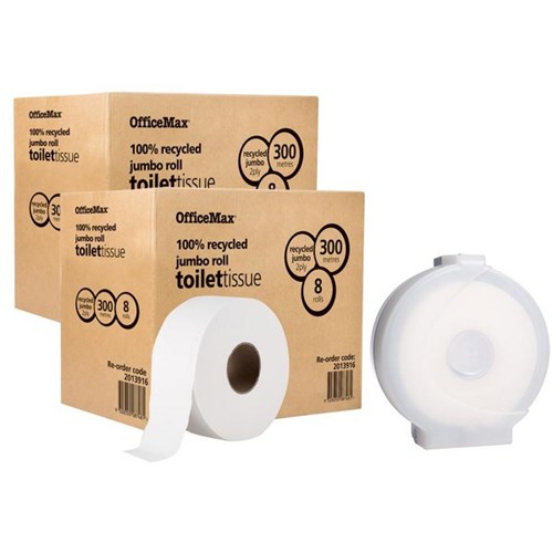 OfficeMax Eco Toilet Tissue 100% Recycled Jumbo Roll 2 Ply 300m, 2 Cartons of 8 Rolls