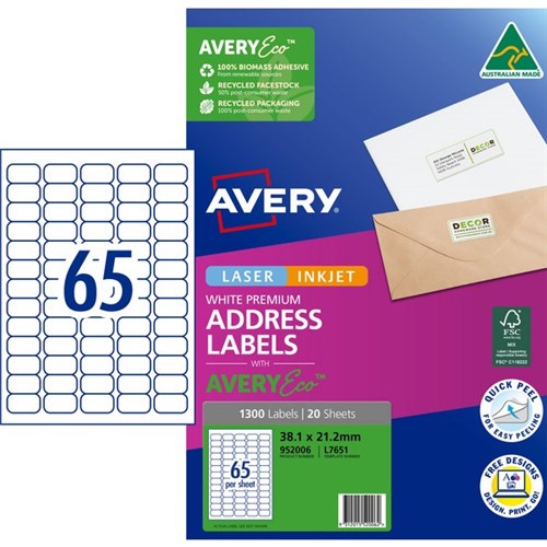 Avery Premium Addressing Labels L7651 White Inkjet Laser 65 Per Sheet 20 Sheets