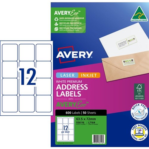 Avery Premium Addressing Labels L7164 White Inkjet Laser 12 Per Sheet 50 Sheets