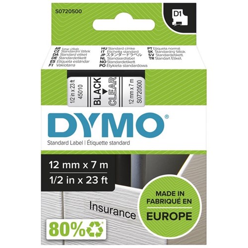 Dymo Labelling Tape Cassette LabelManager D1 45010 12mm x 7m Black on Clear