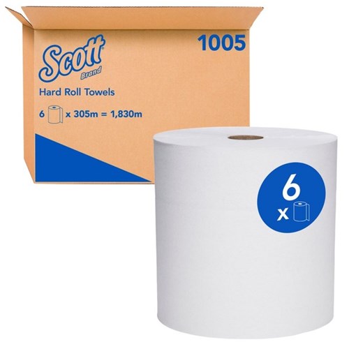 Scott Hard Paper Towels (1005) 1 Ply White 305m, Carton of 6 Rolls