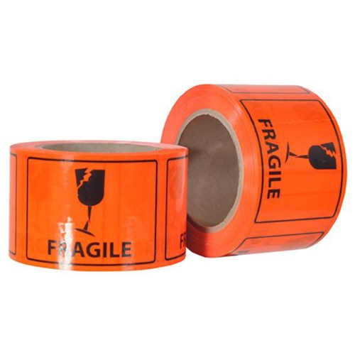 Ripa Shipping Labels Fragile 100x72mm Black on Fluoro Orange, Roll of 500