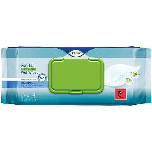 TENA ProSkin Plastic Free Wet Wipes, Carton of 12 Packs of 80 Wipes